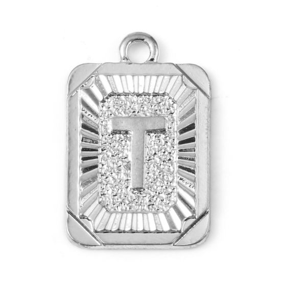 Immagine di Lega di Zinco Charms Rettangolo Tono Argento Lettera Maiuscola Lettere " T " 23mm x 15mm , 10 Pz