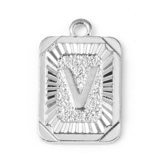 Immagine di Lega di Zinco Charms Rettangolo Tono Argento Lettera Maiuscola Lettere " V " 23mm x 15mm , 10 Pz