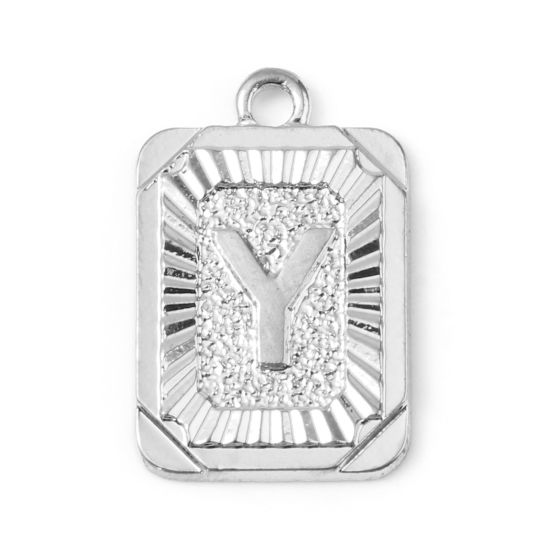 Immagine di Lega di Zinco Charms Rettangolo Tono Argento Lettera Maiuscola Lettere " Y " 23mm x 15mm , 10 Pz