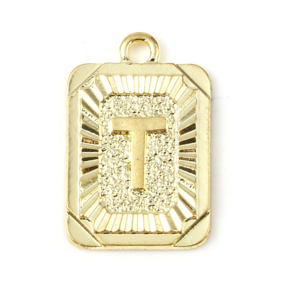 Immagine di Lega di Zinco Charms Rettangolo Oro Placcato Lettera Maiuscola Lettere " T " 23mm x 15mm , 10 Pz