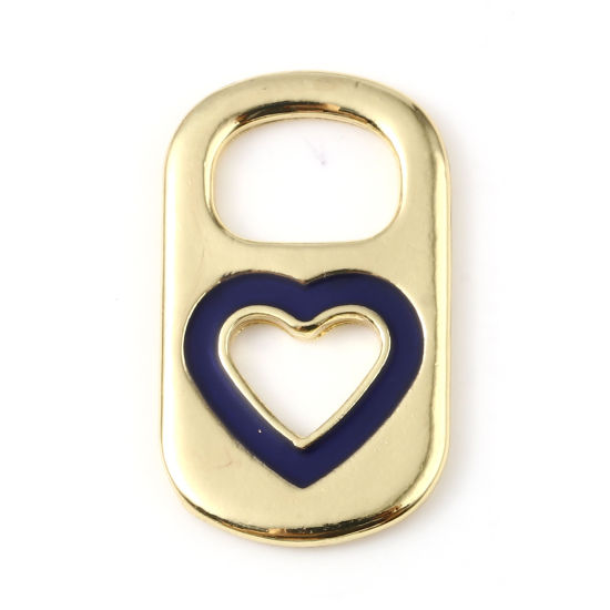 Imagen de Zamak día de San Valentín Colgantes Charms Rectángulo Chapado en Oro Azul Oscuro Corazón Esmalte 26mm x 15mm, 10 Unidades