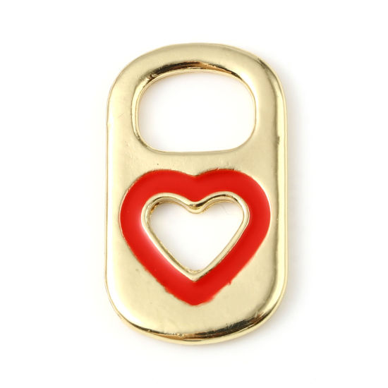 Imagen de Zamak día de San Valentín Colgantes Charms Rectángulo Chapado en Oro Rojo Corazón Esmalte 26mm x 15mm, 10 Unidades