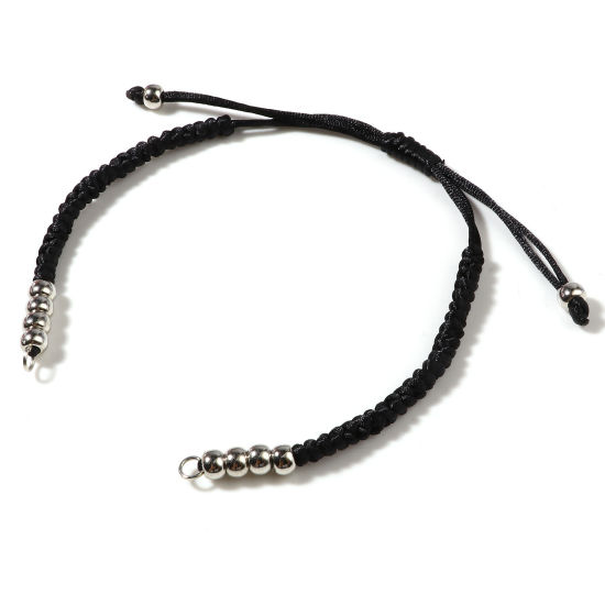 Picture of Polyester & CCB Braiding Braided Bracelets Accessories Findings Silver Tone Black Adjustable 19cm(7 4/8") long, 5 PCs