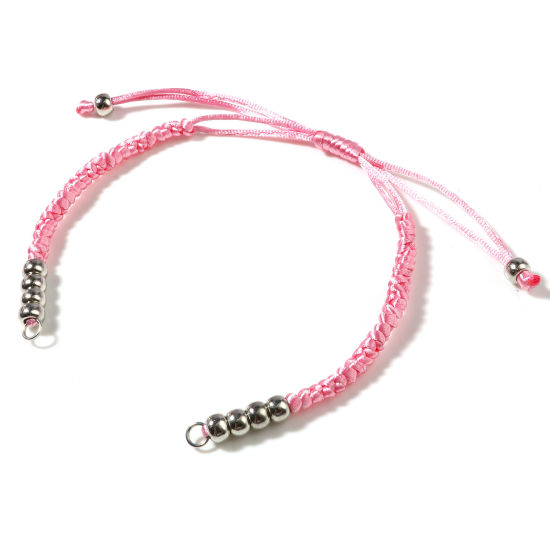 Picture of Polyester & CCB Braiding Braided Bracelets Accessories Findings Silver Tone Pink Adjustable 19cm(7 4/8") long, 5 PCs