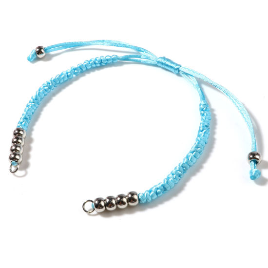 Picture of Polyester & CCB Braiding Braided Bracelets Accessories Findings Silver Tone Blue Adjustable 19cm(7 4/8") long, 5 PCs