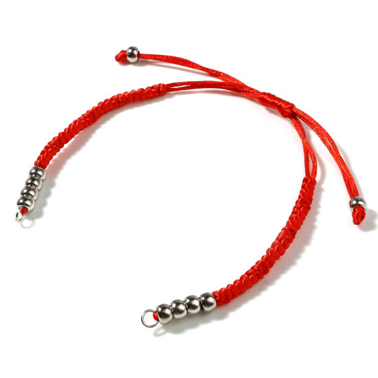Picture of Polyester & CCB Braiding Braided Bracelets Accessories Findings Silver Tone Red Adjustable 19cm(7 4/8") long, 5 PCs