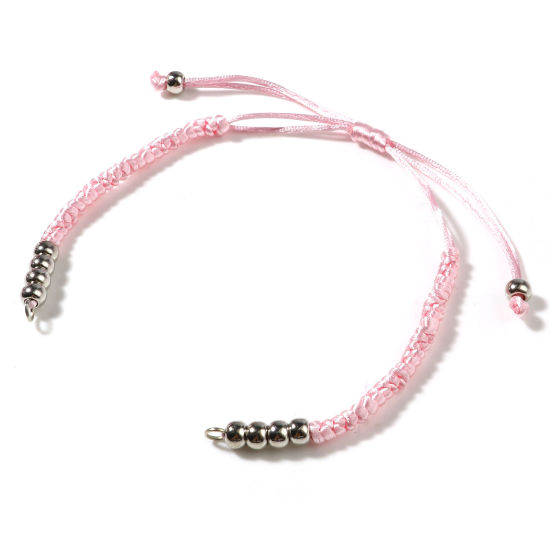 Picture of Polyester & CCB Braiding Braided Bracelets Accessories Findings Silver Tone Light Pink Adjustable 19cm(7 4/8") long, 5 PCs