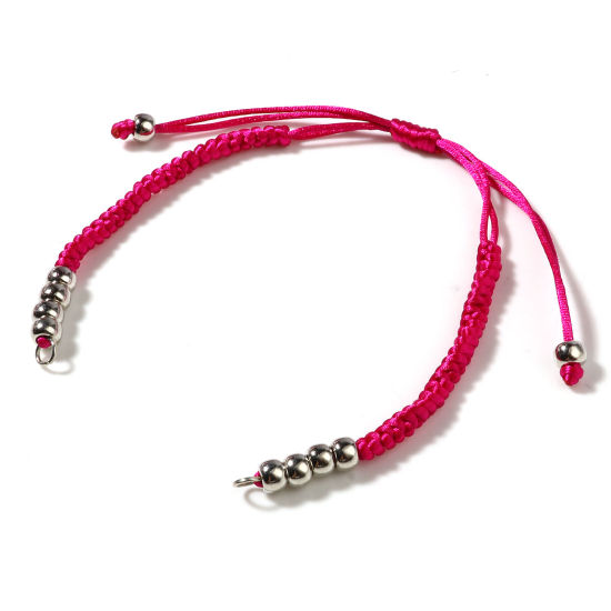 Picture of Polyester & CCB Braiding Braided Bracelets Accessories Findings Silver Tone Fuchsia Adjustable 19cm(7 4/8") long, 5 PCs