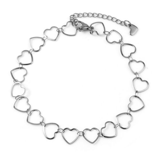 Picture of 304 Stainless Steel Valentine's Day Anklet Silver Tone Heart 23cm(9") long, 1 Piece