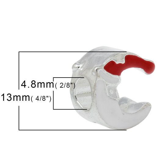 Picture of Zinc Based Alloy European Style Large Hole Charm Beads Half Moon Silver Plated Christmas Hat White & Red Enamel About 13mm x 12mm, Hole: Approx 4.8mm, 5 PCs