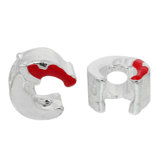 Picture of Zinc Based Alloy European Style Large Hole Charm Beads Half Moon Silver Plated Christmas Hat White & Red Enamel About 13mm x 12mm, Hole: Approx 4.8mm, 5 PCs