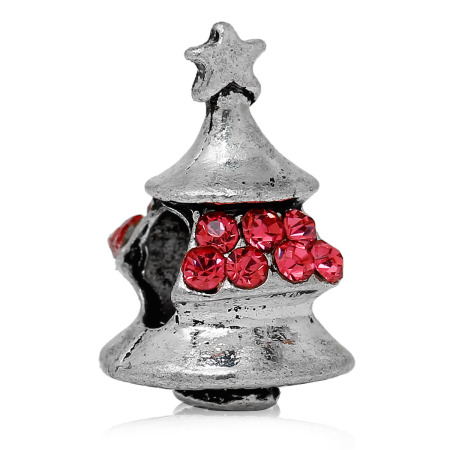Zinc Metal Alloy European Style Large Hole Charm Beads Christmas Tree Antique Silver Color Star Pattern Red Rhinestone About 16mm x 11mm, Hole: Approx 4.7mm, 5 PCs