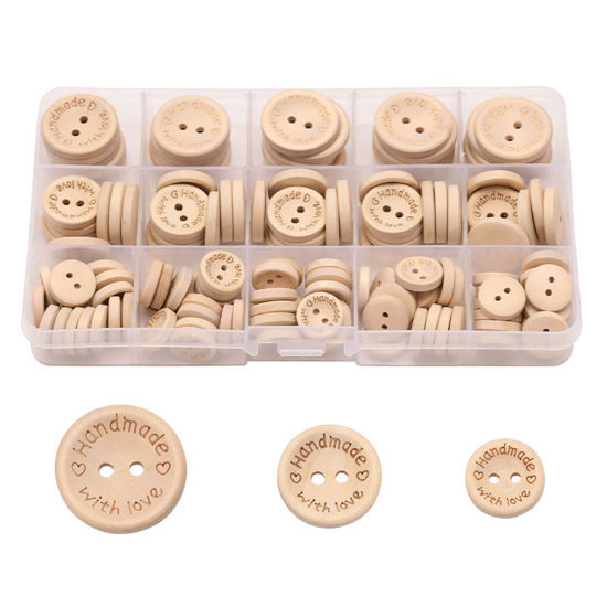 Immagine di Legno Bottone da Cucire Scrapbook Due Fori Tondo Naturale Cuore Disegno Lettere " Hand Made With Love " 15mm - 20mm Dia, 1 Scatola ( 140 Pz/Scatola)