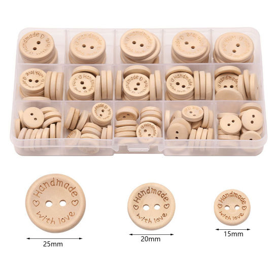 Immagine di Legno Bottone da Cucire Scrapbook Due Fori Tondo Naturale Cuore Disegno Lettere " Hand Made With Love " 15mm - 20mm Dia, 1 Scatola ( 140 Pz/Scatola)