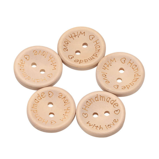 Immagine di Legno Bottone da Cucire Scrapbook Due Fori Tondo Naturale Cuore Disegno Lettere " Hand Made With Love " 15mm - 20mm Dia, 1 Scatola ( 140 Pz/Scatola)
