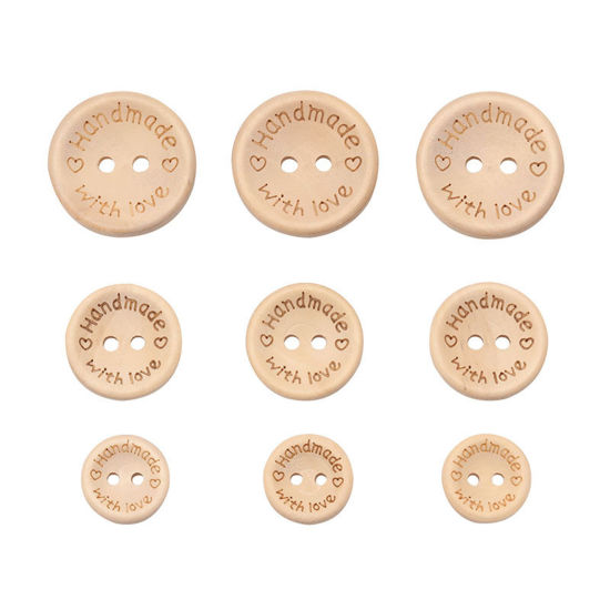 Immagine di Legno Bottone da Cucire Scrapbook Due Fori Tondo Naturale Cuore Disegno Lettere " Hand Made With Love " 15mm - 20mm Dia, 1 Scatola ( 140 Pz/Scatola)