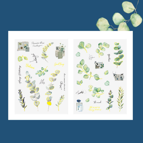 Picture of Green - 3# Leaf Flower Collection Series Gold Stamping PET DIY Scrapbook Stickers Decoration 10.5x14.8cm, 1 Set
