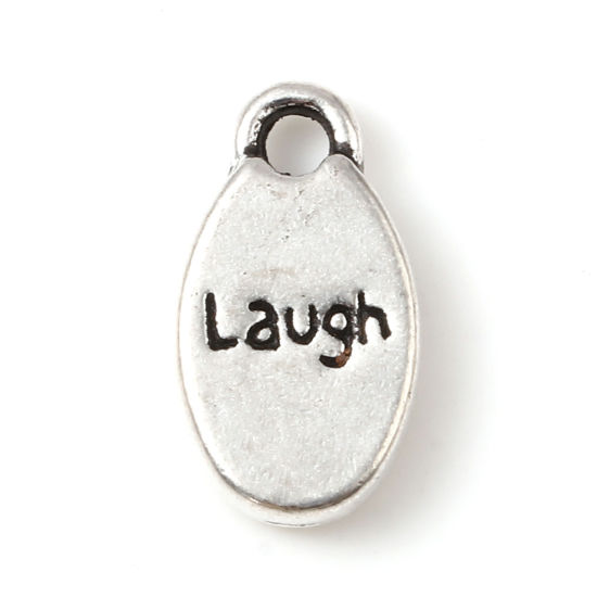 Image de Breloques en Alliage de Zinc Ovale Argent Vieilli Message" Laugh " 15mm x 9mm, 50 Pcs