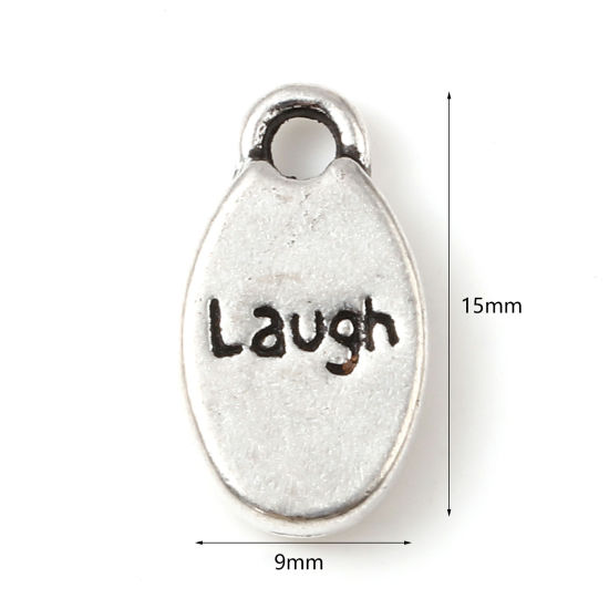 Image de Breloques en Alliage de Zinc Ovale Argent Vieilli Message" Laugh " 15mm x 9mm, 50 Pcs