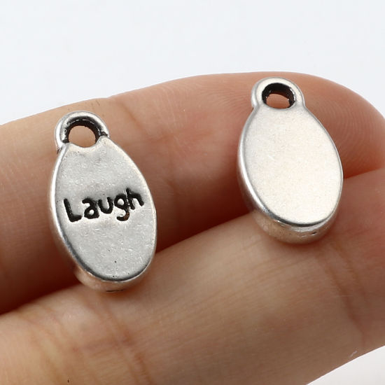 Image de Breloques en Alliage de Zinc Ovale Argent Vieilli Message" Laugh " 15mm x 9mm, 50 Pcs