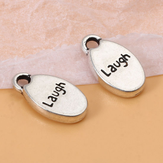 Image de Breloques en Alliage de Zinc Ovale Argent Vieilli Message" Laugh " 15mm x 9mm, 50 Pcs