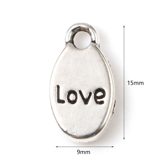 Image de Breloques en Alliage de Zinc Ovale Argent Vieilli Message" LOVE " 15mm x 9mm, 50 Pcs