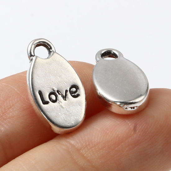 Image de Breloques en Alliage de Zinc Ovale Argent Vieilli Message" LOVE " 15mm x 9mm, 50 Pcs