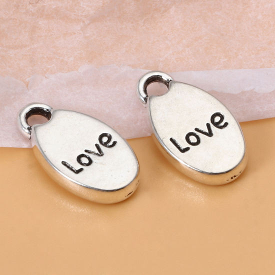 Image de Breloques en Alliage de Zinc Ovale Argent Vieilli Message" LOVE " 15mm x 9mm, 50 Pcs