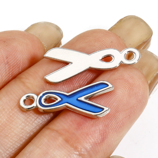 Picture of Zinc Metal Alloy Charms Ribbon Silver Tone Blue Violet Enamel 20mm( 6/8") x 9mm( 3/8"), 10 PCs
