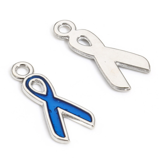 Picture of Zinc Metal Alloy Charms Ribbon Silver Tone Blue Violet Enamel 20mm( 6/8") x 9mm( 3/8"), 10 PCs