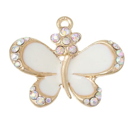 Zinc Metal Alloy Charms Butterfly Animal Gold Plated Flower Carved AB Color Rhinestone White Enamel 28mm(1 1/8") x 23mm( 7/8"), 3 PCs