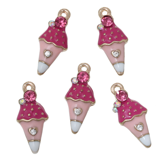 Picture of Zinc Metal Alloy Charms Ice Cream Light Golden Multicolor Rhinestone Enamel 23mm( 7/8") x 10mm( 3/8"), 5 PCs