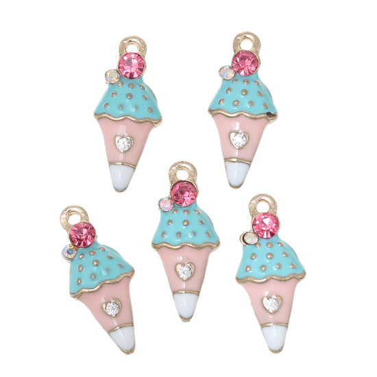 Picture of Zinc Metal Alloy Charms Ice Cream Light Golden Multicolor Rhinestone Enamel 23mm( 7/8") x 10mm( 3/8"), 5 PCs