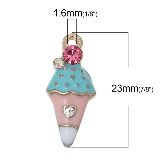 Picture of Zinc Metal Alloy Charms Ice Cream Light Golden Multicolor Rhinestone Enamel 23mm( 7/8") x 10mm( 3/8"), 5 PCs