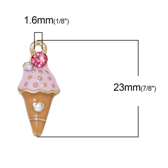 Picture of Zinc Metal Alloy Charms Ice Cream Light Golden Multicolor Rhinestone Enamel 23mm( 7/8") x 10mm( 3/8"), 5 PCs