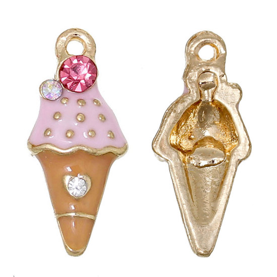 Picture of Zinc Metal Alloy Charms Ice Cream Light Golden Multicolor Rhinestone Enamel 23mm( 7/8") x 10mm( 3/8"), 5 PCs