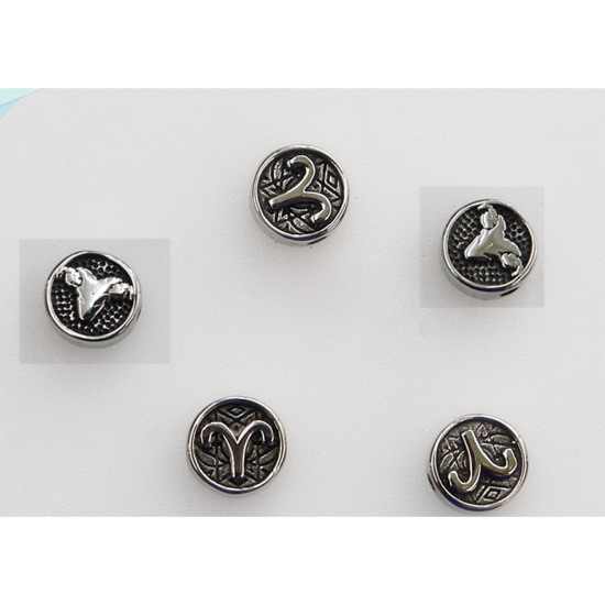 Bild von 2 Stück Umweltfreundliche PVD-Vakuumbeschichtung Edelstahl Perlen zur DIY-Schmuckherstellung Metallschwarz Flachrund Sternbild Widder ca. 10mm D., Loch: ca. 1.8mm
