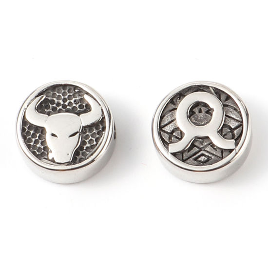 Bild von 2 Stück Umweltfreundliche PVD-Vakuumbeschichtung Edelstahl Perlen zur DIY-Schmuckherstellung Metallschwarz Flachrund Sternbild Stier ca. 10mm D., Loch: ca. 1.8mm