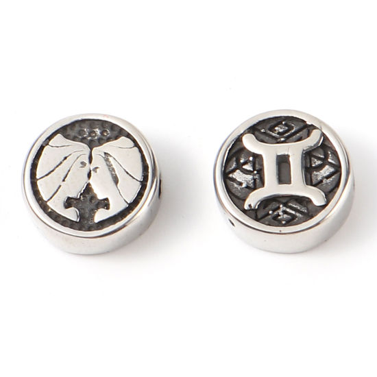 Bild von 2 Stück Umweltfreundliche PVD-Vakuumbeschichtung Edelstahl Perlen zur DIY-Schmuckherstellung Metallschwarz Flachrund Sternbild Zwillinge ca. 10mm D., Loch: ca. 1.8mm
