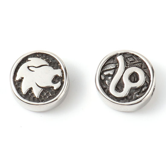 Bild von 2 Stück Umweltfreundliche PVD-Vakuumbeschichtung Edelstahl Perlen zur DIY-Schmuckherstellung Metallschwarz Flachrund Sternbild Löwe ca. 10mm D., Loch: ca. 1.8mm