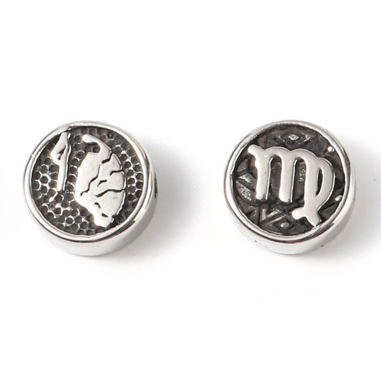 Bild von 2 Stück Umweltfreundliche PVD-Vakuumbeschichtung Edelstahl Perlen zur DIY-Schmuckherstellung Metallschwarz Flachrund Sternbild Jungfrau ca. 10mm D., Loch: ca. 1.8mm