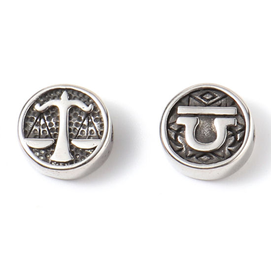 Bild von 2 Stück Umweltfreundliche PVD-Vakuumbeschichtung Edelstahl Perlen zur DIY-Schmuckherstellung Metallschwarz Flachrund Sternbild Waage ca. 10mm D., Loch: ca. 1.8mm