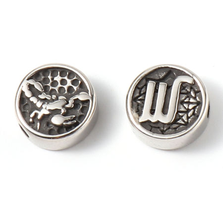 Picture of 2 PCs Eco-friendly PVD Vacuum Plating Stainless Steel Beads For DIY Jewelry Making Gunmetal Flat Round Scorpio Sign Of Zodiac Constellations 10mm Dia., Hole: Approx 1.8mm