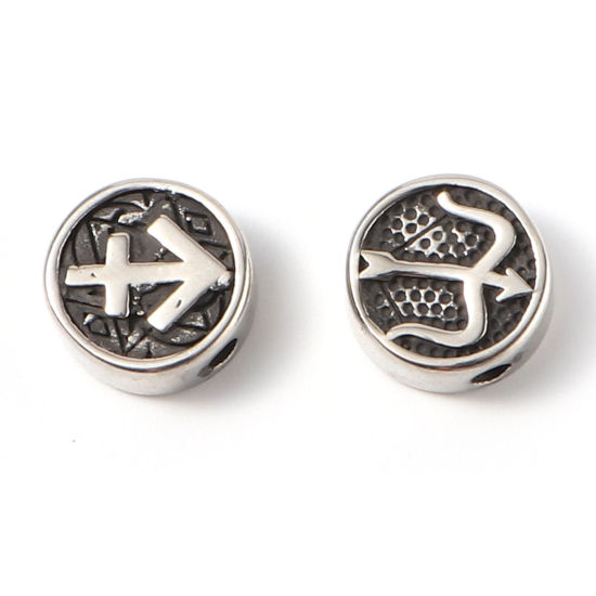Bild von 2 Stück Umweltfreundliche PVD-Vakuumbeschichtung Edelstahl Perlen zur DIY-Schmuckherstellung Metallschwarz Flachrund Sternbild Schütze ca. 10mm D., Loch: ca. 1.8mm