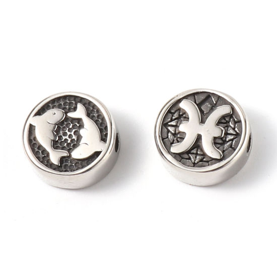 Bild von 2 Stück Umweltfreundliche PVD-Vakuumbeschichtung Edelstahl Perlen zur DIY-Schmuckherstellung Metallschwarz Flachrund Sternbild Fische ca. 10mm D., Loch: ca. 1.8mm