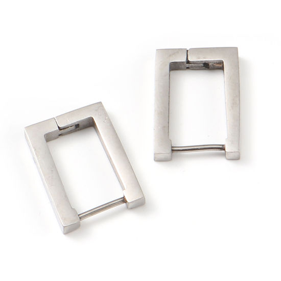 Picture of Stainless Steel Hoop Earrings Silver Tone Rectangle 17mm x 12mm, Post/ Wire Size: (19 gauge), 1 Pair