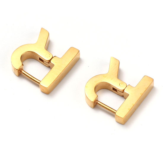 Picture of Stainless Steel Hoop Earrings Gold Plated Capital Alphabet/ Letter Message " R " 13mm x 12mm, Post/ Wire Size: (19 gauge), 1 Pair