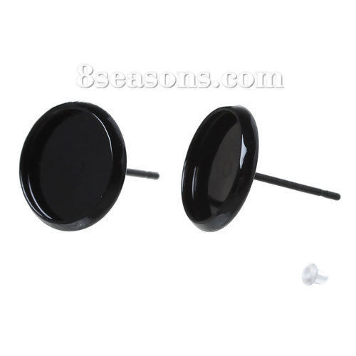 Image de Boucles d'Oreilles Puces Supports à Cabochons en Laiton Forme Rond Noir avec Embouts (Cabochon Rapportable 10mm Dia.) 14mm x 12mm, Epaisseur de Fil: (21 gauge), 30 Pcs