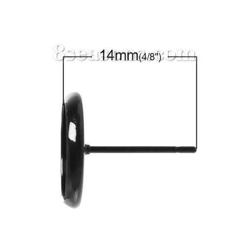 Image de Boucles d'Oreilles Puces Supports à Cabochons en Laiton Forme Rond Noir avec Embouts (Cabochon Rapportable 10mm Dia.) 14mm x 12mm, Epaisseur de Fil: (21 gauge), 30 Pcs