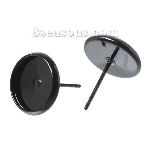 Image de Boucles d'Oreilles Puces Supports à Cabochons en Laiton Forme Rond Noir avec Embouts (Cabochon Rapportable 10mm Dia.) 14mm x 12mm, Epaisseur de Fil: (21 gauge), 30 Pcs